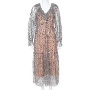 Self Portrait Grey Sequin Embellished Tulle Ruffle Detail Midi Dress S
