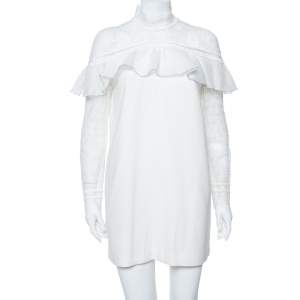 Self Portrait White Lace & Knit Pleated Detail Military Cape Dress M