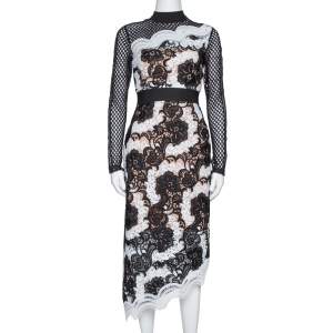 Self Portrait Monochrome Crochet Asymmetric Hem Midi Dress L