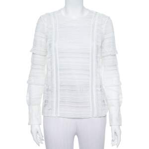 Self Portrait White Paneled Lace Sheer Long Sleeve Top S