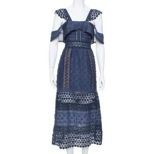 Self-Portrait Navy Blue Lace Paneled Bluebell Midi Dress M
