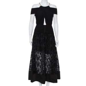 Self Portrait Black Crepe & Lace Chain Neck Detail Cold Shoulder Midi Dress M