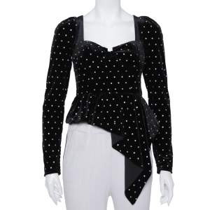 Self-Portrait Black Velvet Crystal Embellished Asymmetrical Top S 