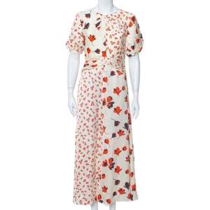 Self-Portrait Cream Floral Printed Silk Satin Midi Dress M