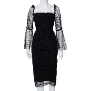 Self-Portrait Black Polka Dot Tulle Sequin Embellished Ruched Midi Dress S