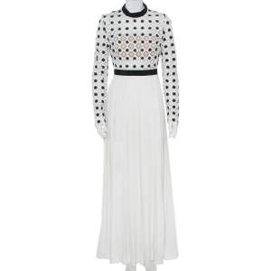 Self Portrait Monochrome Lace & Pleated Crepe High Neck Maxi Dress M