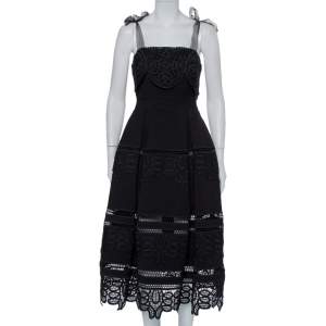 Self-Portrait Black Crepe Lace Tie Shoulder Detail Midi Dress S