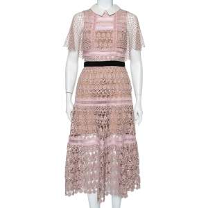 Self-Portrait Pale Pink Guipure Lace Cape Sleeve Detail Collared Midi Dress M