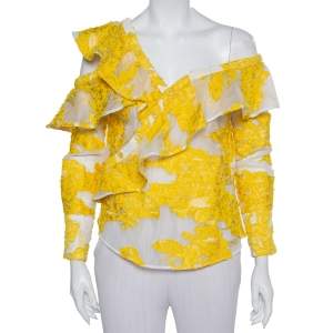 Self Portrait White & Yellow Fil Coupe Ruffled Off Shoulder Detail Top S
