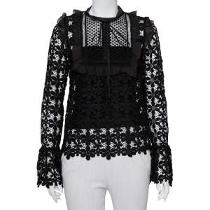 Self-Portrait Black Guipure Lace Ruffle Trim Detail Sheer Adeline Top S