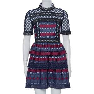 Self Portrait Navy Blue & Burgundy Guipure Lace Tiered Mini Dress L