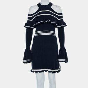 Self-Portrait Navy Blue Rib Knit Ruffled Cold Shoulder Dress M