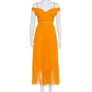 Self Portrait Orange Pleated Chiffon Lace trim Detail Off Shoulder Dress M