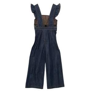Self Portrait Navy Blue Denim & Lace Ruffle Sleeve Wide Leg Jumpsuit XS