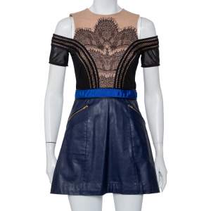 Self-Portrait Bicolor Knit & Faux Leather Lace Trim Cold Shoulder Infinity Dress M