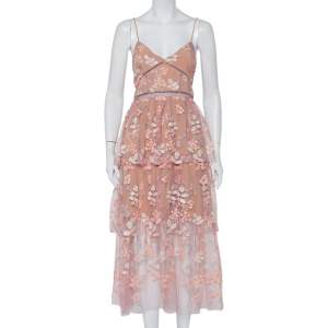 Self Portrait Light Pink Floral Sequin Embellished Tulle Tiered Midi Dress M