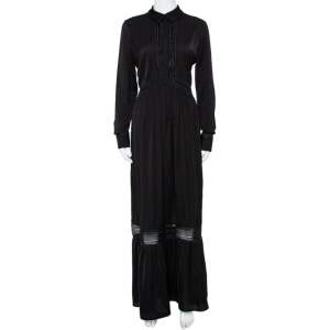 Self Portrait Black Chiffon Pleated Collared Ebony Maxi Dress M