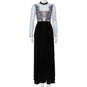 Self-Portrait Blue Lace & Black Pleated Crepe Applique Detail Moni Maxi Dress S