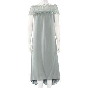 Self Portrait Grey Silk & Lace Trim Off Shoulder Bardot Dress S