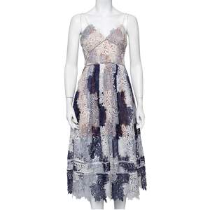 Self Portrait Navy Blue & White Lace Sleeveless Camellias Midi Dress M