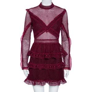 Self-Portrait Burgundy Guipure Lace Sheer Detail Tiered Mini Dress M
