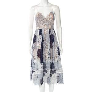 Self Portrait Navy Blue & White Lace Sleeveless Camellias Midi Dress M