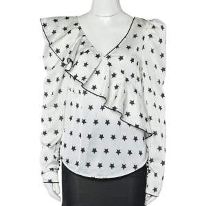 Self Portrait White Star printed Satin Ruffled Plunging Neck Top S
