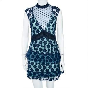 Self-Portrait Navy Blue Floral Applique Mesh & Lace Overlay Detail Mini Dress M