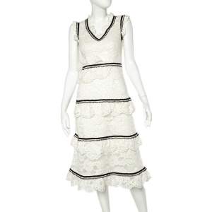 Self Portrait White Lace Contrast Trim Sleeveless Tiered Midi Dress M