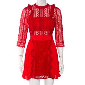 Self-Portrait Red Guipure Lace Ruffled Trim Belted Mini Dress S