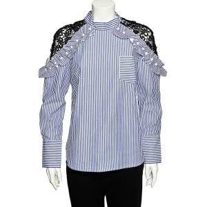 Self-Portrait Blue Striped Cotton & Contrast Lace Long Sleeve Top M