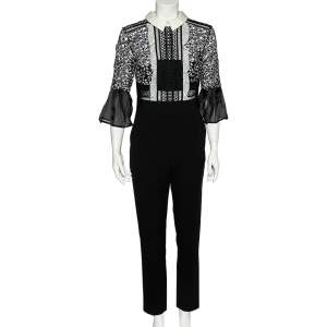 Self-Portrait Black & White Lace Bodice Bell Sleeve Jumpsuit M