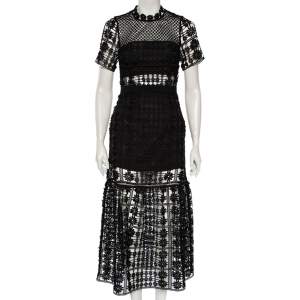 Self Portrait Black Floral Guipure Lace Flared Midi Dress S