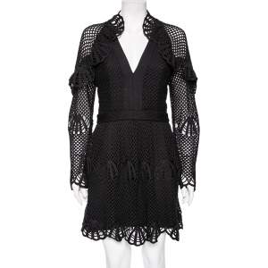 Self-Portrait Black Crochet Knit Frill Detailed Long Sleeve Short Dress M