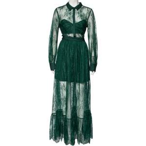 Self-Portrait Green Floral Lace Gathered Detailed Maxi Dress L