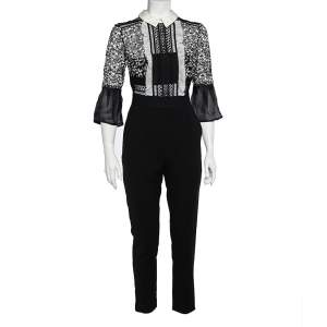 Self-Portrait Black & White Lace Bodice Bell Sleeve Jumpsuit M