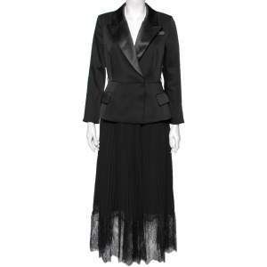 Self-Portrait Black Crepe & Chiffon Plisse Pleated Tailored Dress M