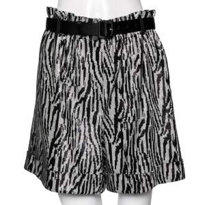 Self-Portrait Monochrome Zebra Patterned Sequin Embellished Belted Shorts M