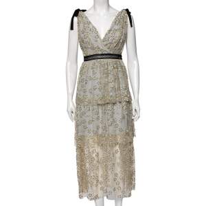 Self-Portrait Grey & Gold Embroidery Embellished Tulle V-Neck Midi Dress M
