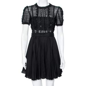 Self-Portrait Black Mesh Sequin Embellished Puff Sleeve Mini Dress M