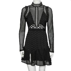 Self-Portrait Black Guipure Lace Ruffle Trim Detailed Long Sleeve Dress M
