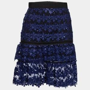 Self-Portrait Blue Floral Guipure Lace Sequin Embellished Tiered Skirt S