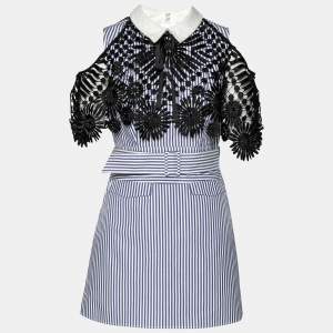 Self-Portrait White and Blue Striped Lace Cape Sleeveless Belted Dress M