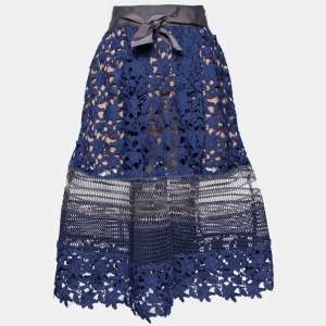 Self-Portrait Blue Guipure Lace & Mesh Paneled Liliana Belted Skirt S