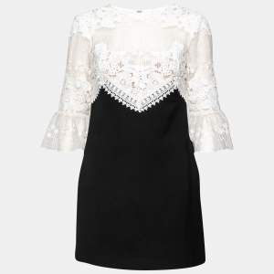 Self-Portrait Black and White Floral Embroidered Organza And Crepe Mini Dress M