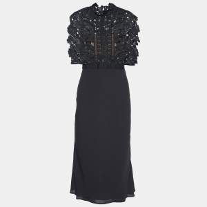 Self-Portrait Black Cropped Lace Overlay Midi Dress XS