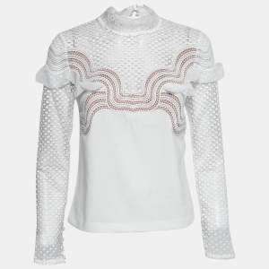 Pre Owned Self-Portrait White Crepe & Guipure Lace Long Sleeve Top S