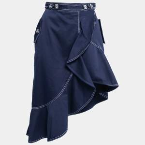 Self-Portrait Navy Blue Canvas Asymmetric Flounced Hem Skirt M