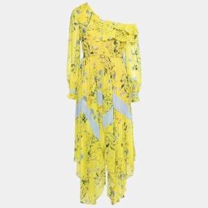 Self-Portrait Yellow Floral Printed Crepe Plisse One-Shoulder Dress M