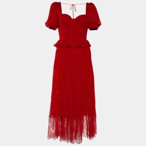 Self-Portrait Red Chiffon Pleated Midi Dress M